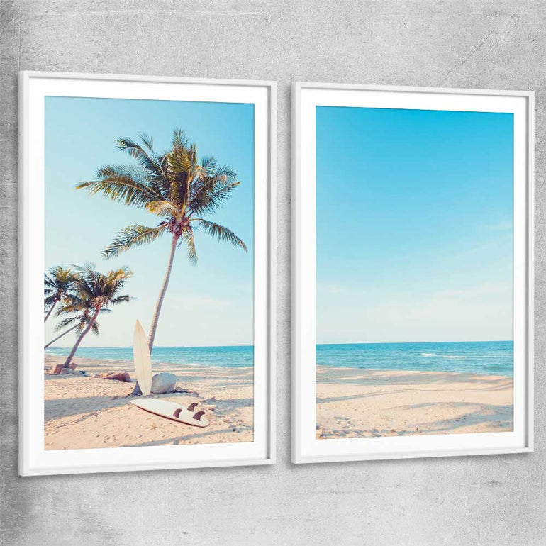 Beach and coastal wall art print of Surfing Break Pair with white glass front frame