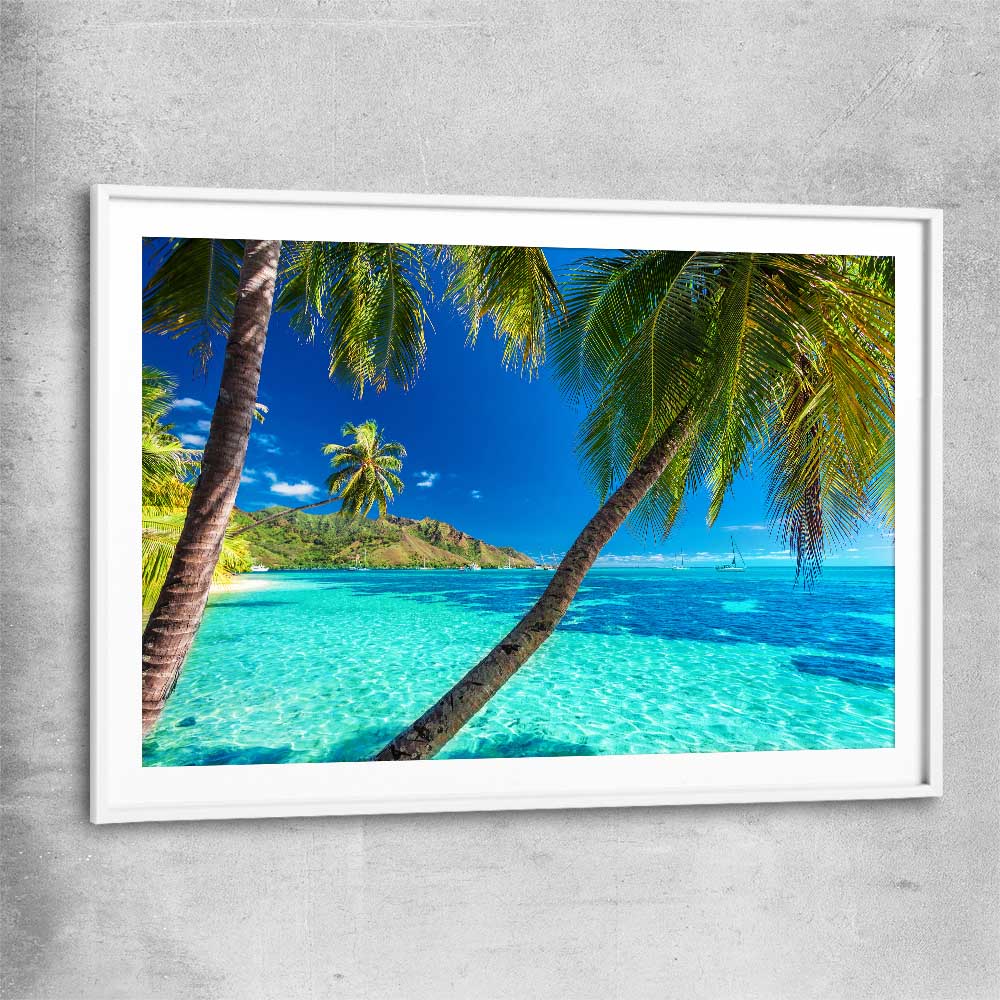 Beach and coastal wall art print of Tahiti Paradise with white glass front frame