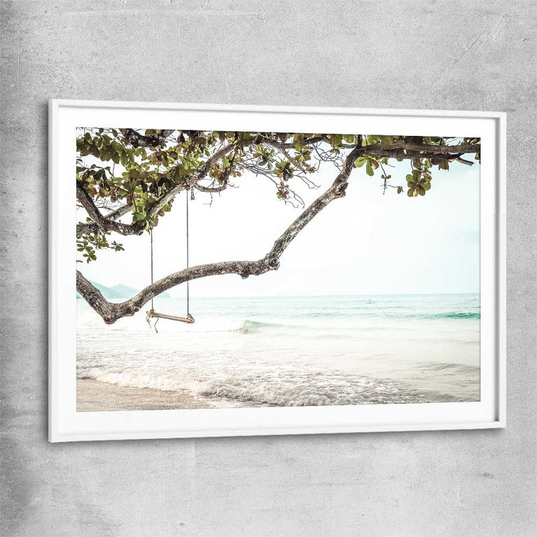 Beach and coastal wall art print of Tropical Beach with white glass front frame