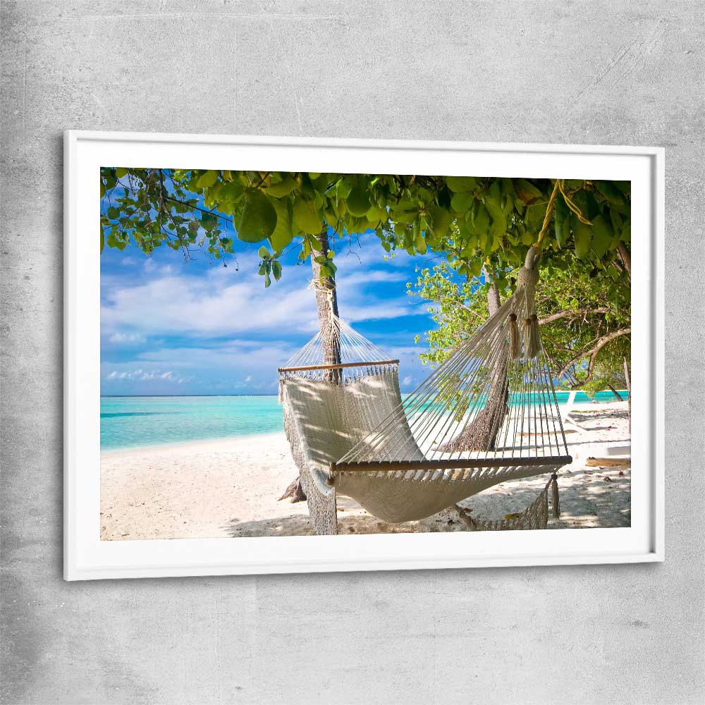 Beach and coastal wall art print of Tropical Bliss with white glass front frame