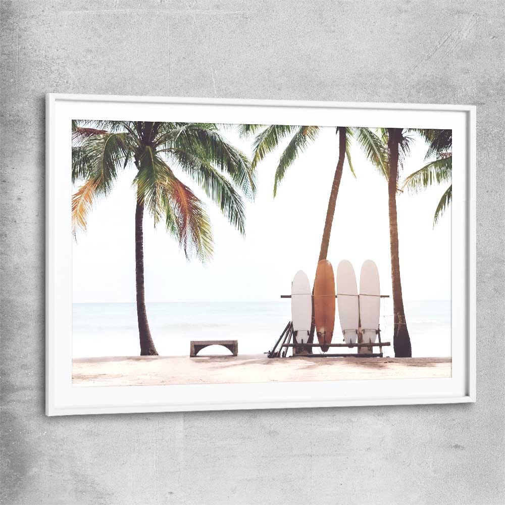 Beach and coastal wall art print of Tropical Boards with white glass front frame