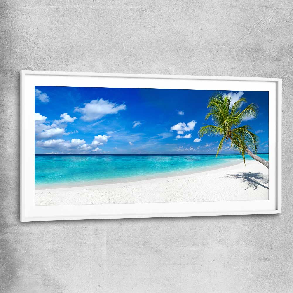 Beach and coastal wall art print of Tropical Escape with white glass front frame