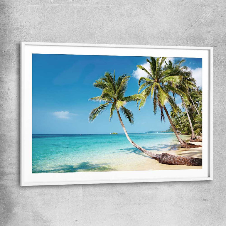 Beach and coastal wall art print of Tropical Paradise with white glass front frame