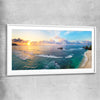 Beach and coastal wall art print of Tropical Surfers Beach with white glass front frame
