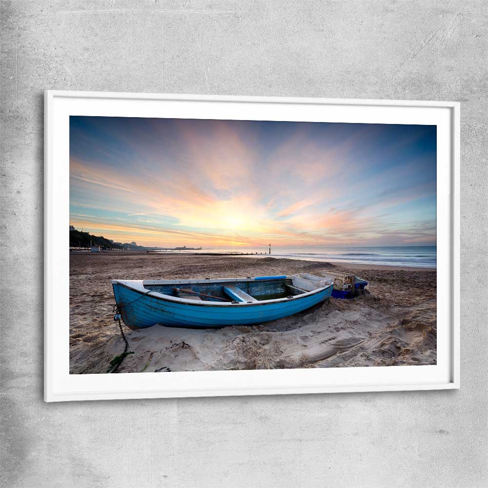 Beach and coastal wall art print of Vintage Fishing Boat with white glass front frame