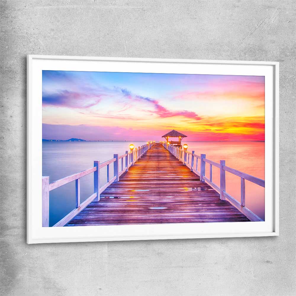 Beach and coastal wall art print of Walking Into Stillness with white glass front frame