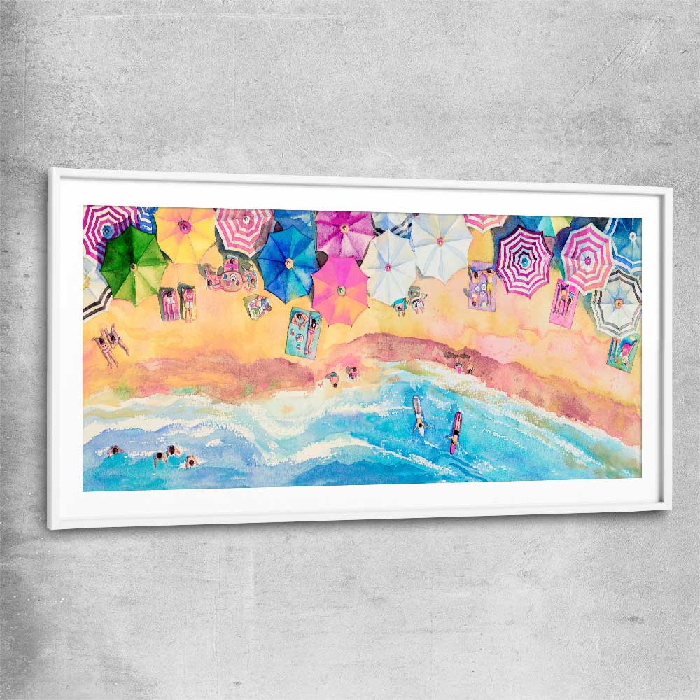 Beach and coastal wall art print of Watercolour Beachscape with white glass front frame