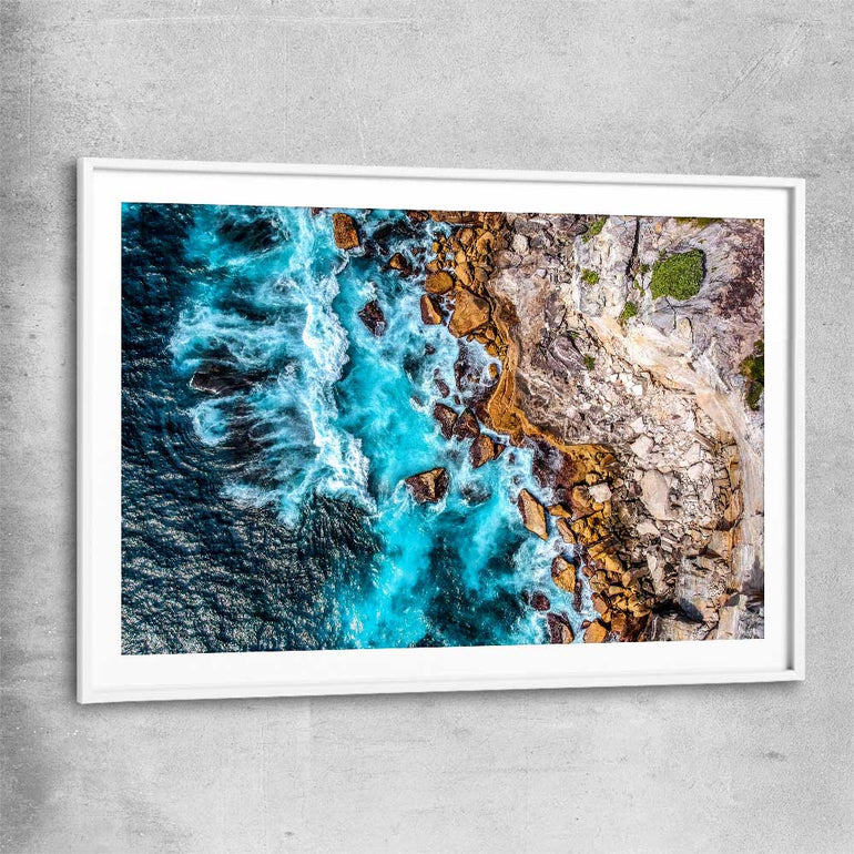 Beach and coastal wall art print of Watsons Bay Waves with white glass front frame