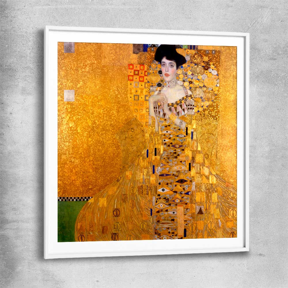 Classic wall art and canvas print of Adele Bloch-Bauer I Gustav Klimt with white glass front frame