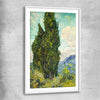 Classic wall art and canvas print of Cypresses Van Gogh with white glass front frame