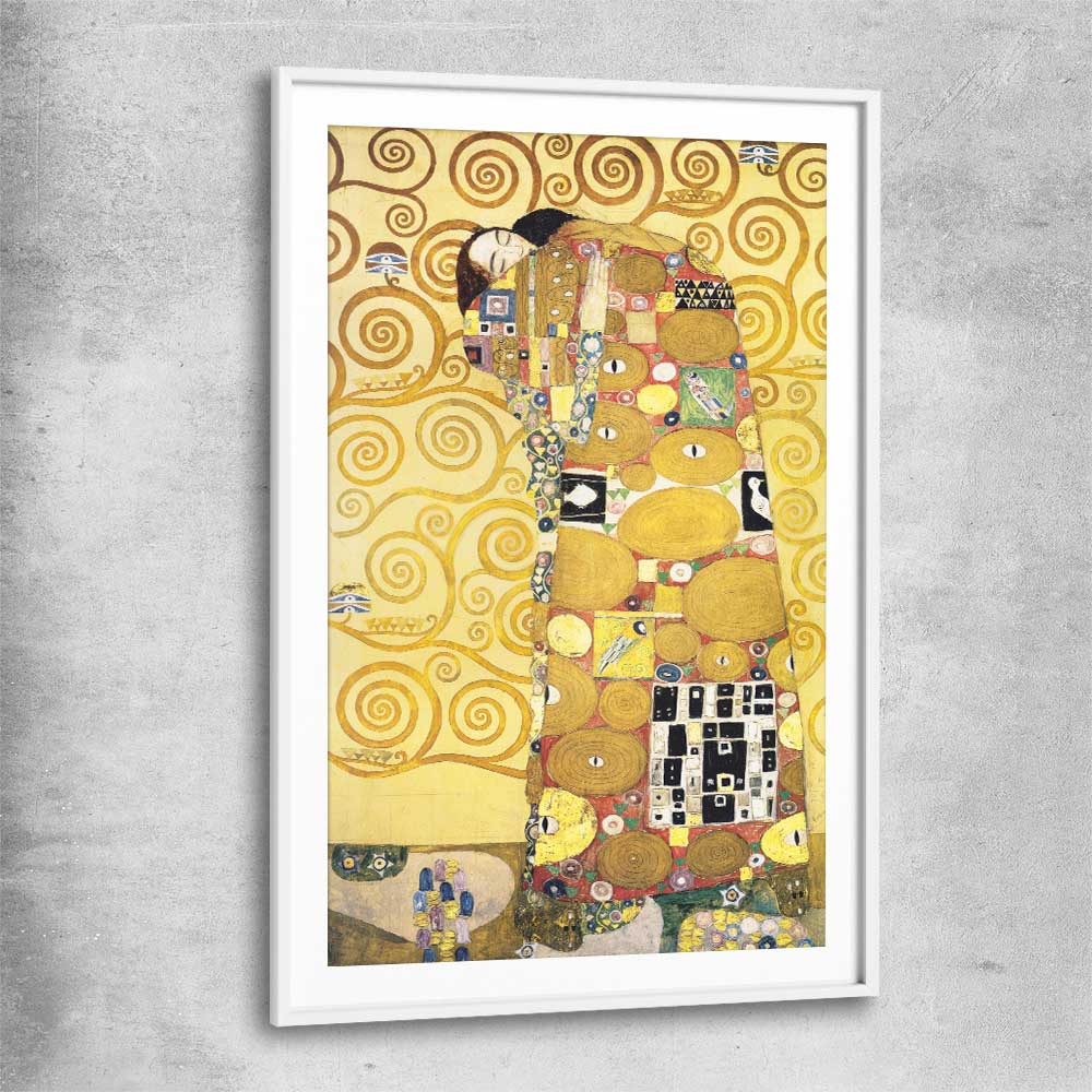Classic wall art and canvas print of Fulfillment Gustav Klimt with white glass front frame