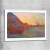 Classic wall art and canvas print of Haystacks Claude Monet with white glass front frame