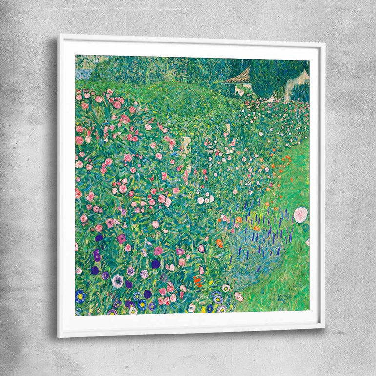 Classic wall art and canvas print of Italian Landscape Gustav Klimt with white glass front frame