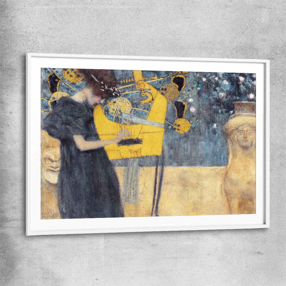 Classic wall art and canvas print of Music I Gustav Klimt with white glass front frame
