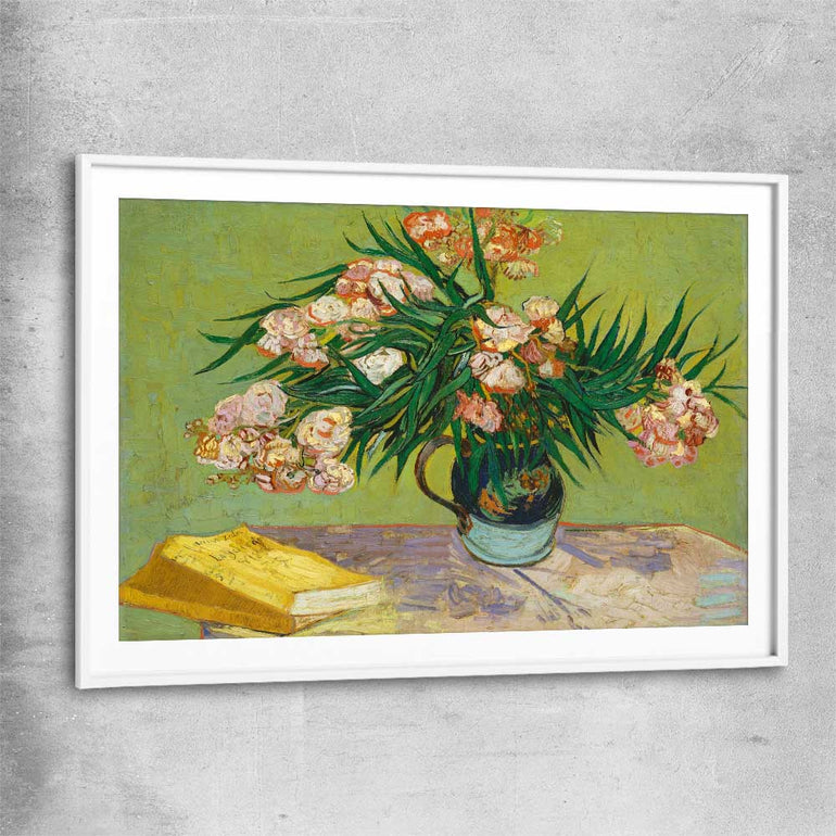 Classic wall art and canvas print of Oleanders Van Gogh with white glass front frame