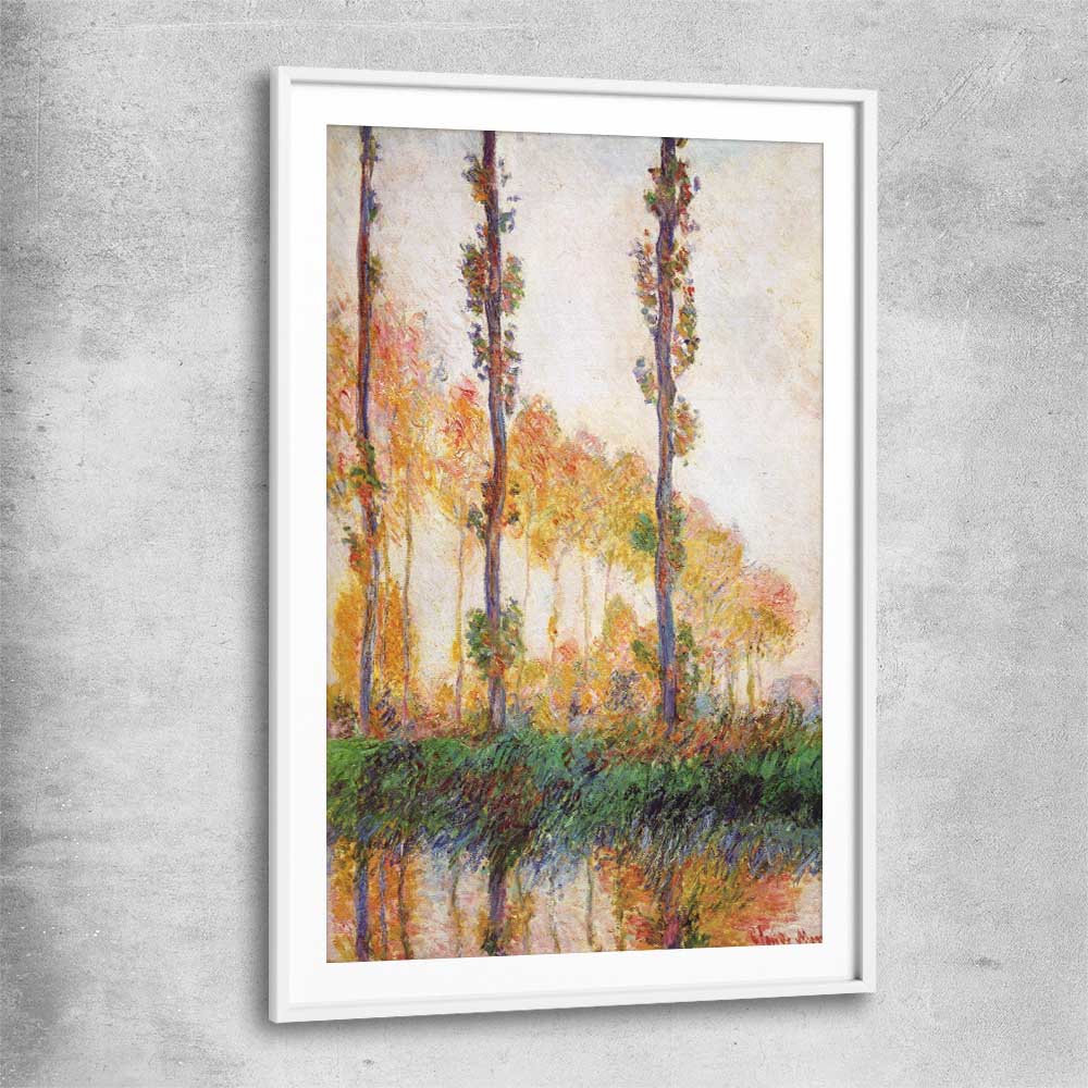 Classic wall art and canvas print of Poplars Claude Monet with white glass front frame