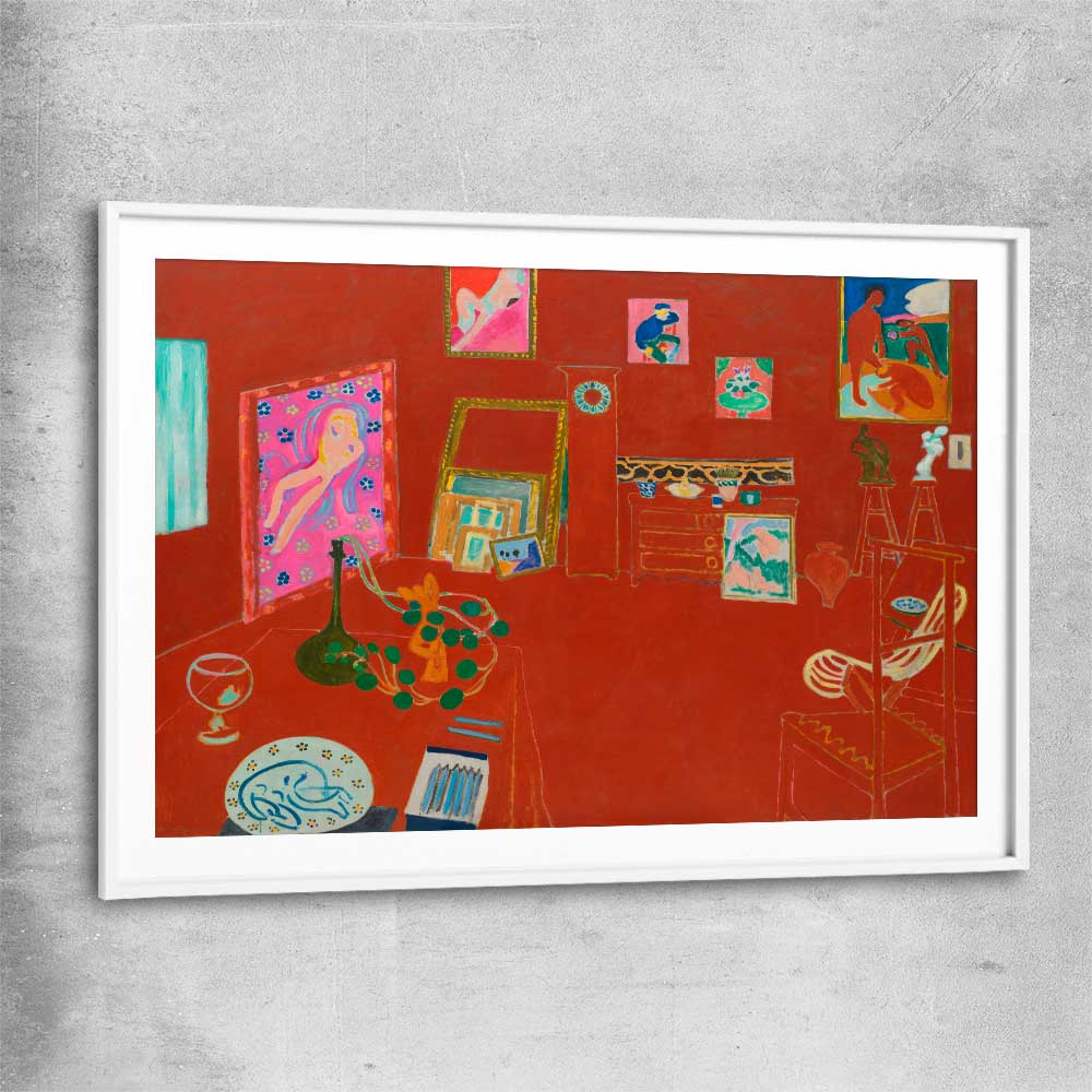 Classic wall art and canvas print of Red Studio Henri Matisse with white glass front frame