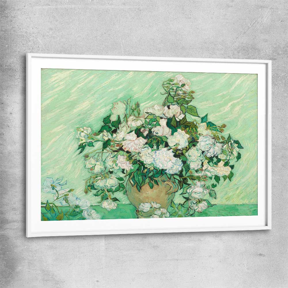 Classic wall art and canvas print of Roses Van Gogh with white glass front frame