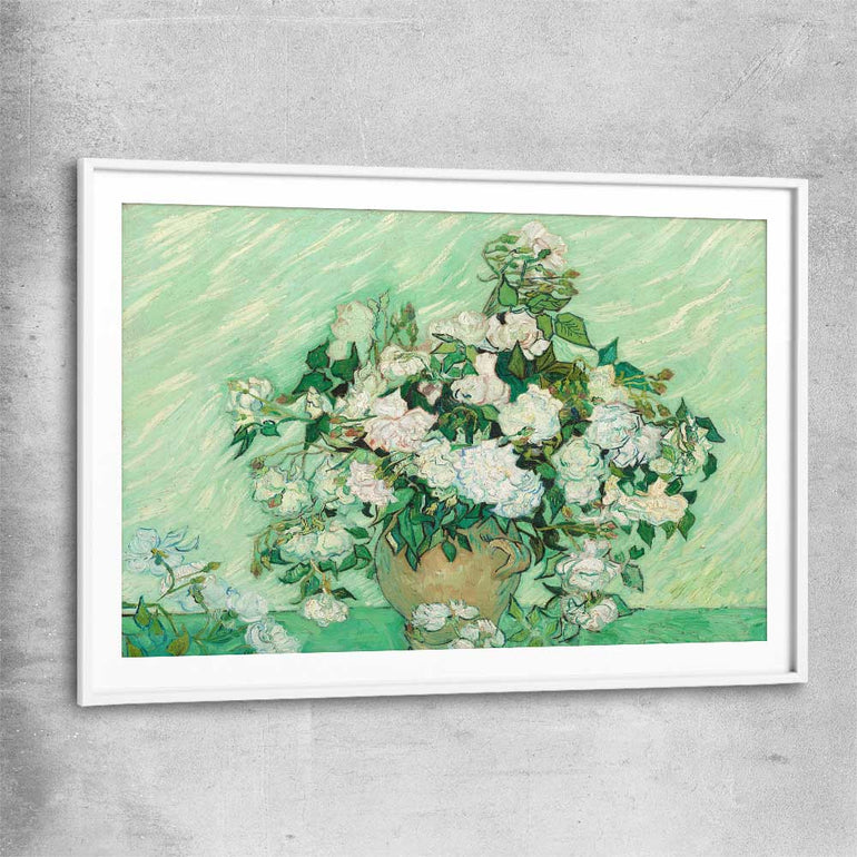 Classic wall art and canvas print of Roses Van Gogh with white glass front frame