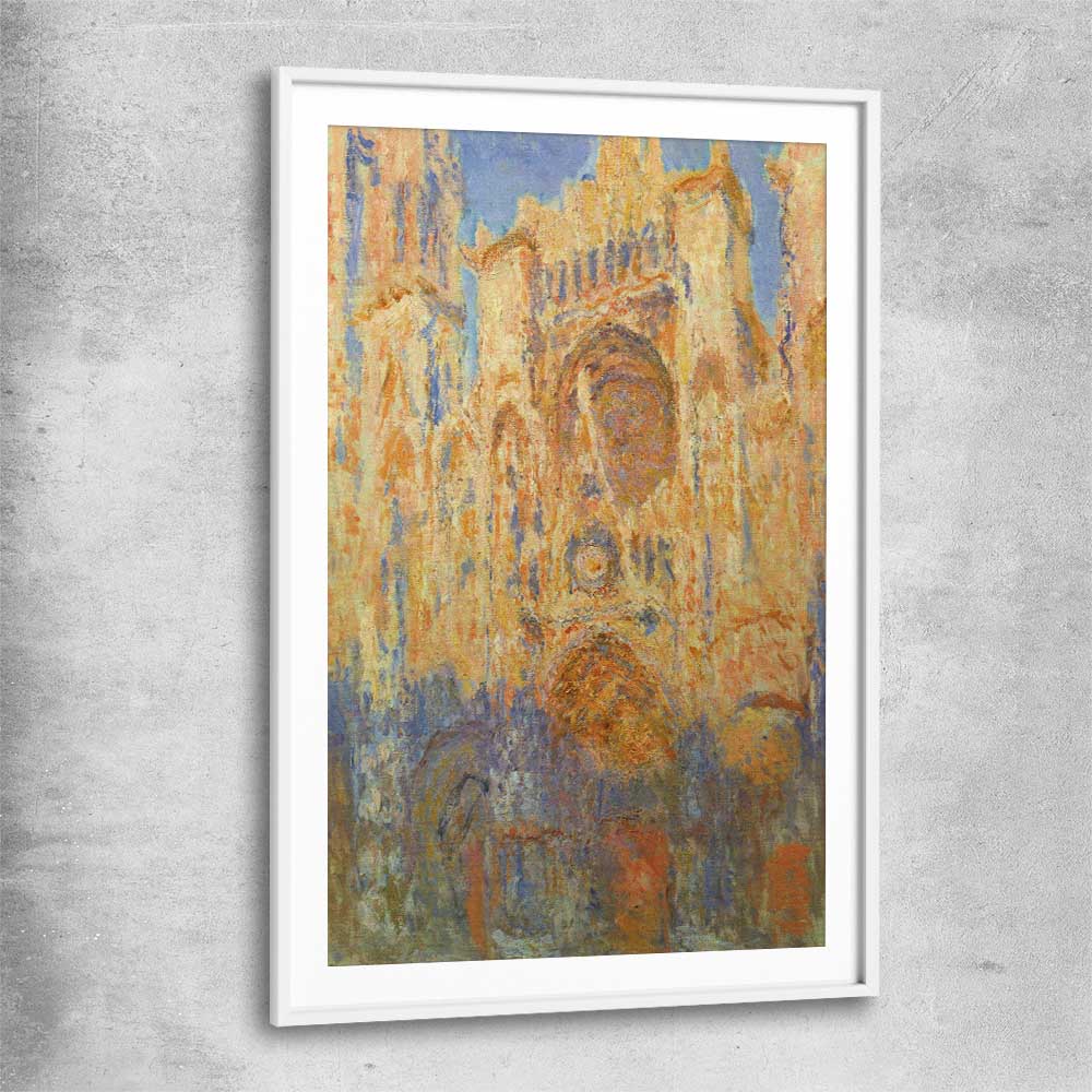 Classic wall art and canvas print of Rouen Cathedral Claude Monet with white glass front frame