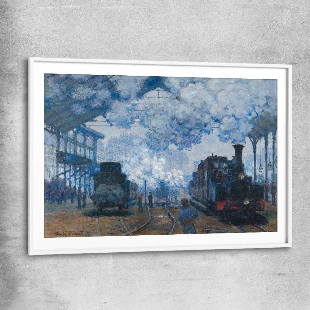 Classic wall art and canvas print of Saint-Lazare Claude Monet with white glass front frame