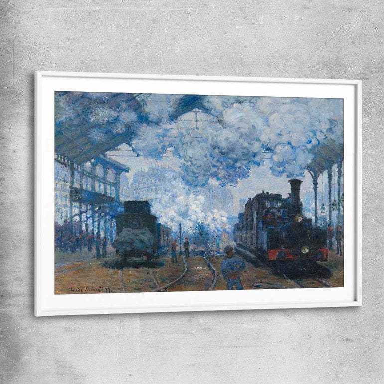 Classic wall art and canvas print of Saint-Lazare Claude Monet with white glass front frame