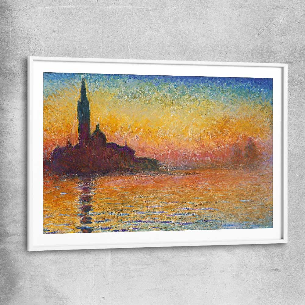 Classic wall art and canvas print of San Giorgio Claude Monet with white glass front frame