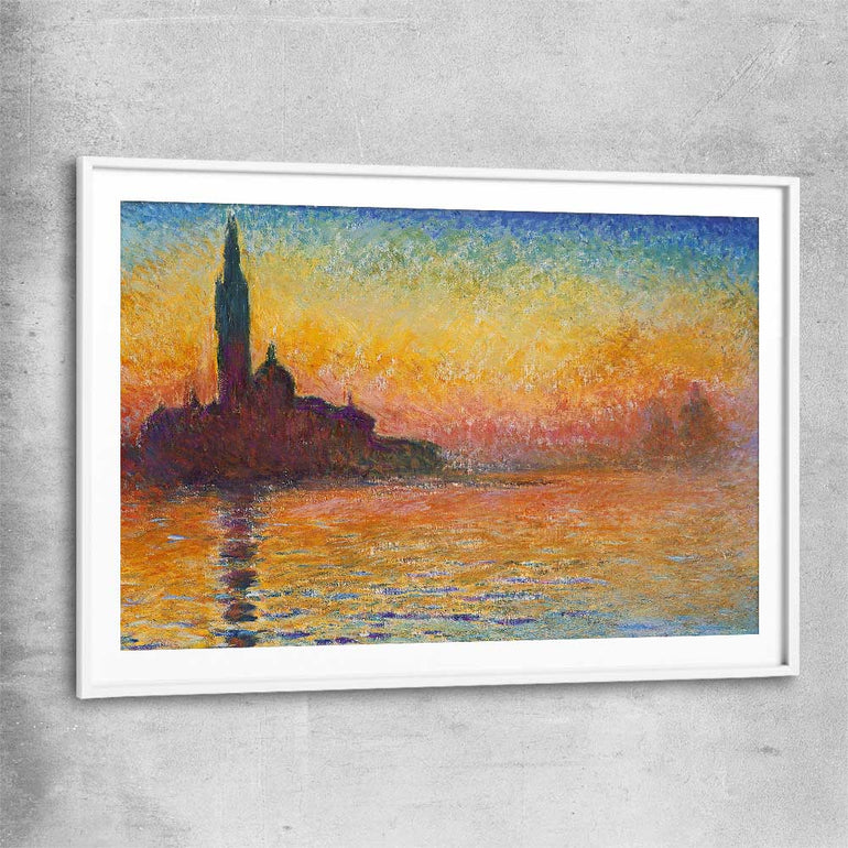 Classic wall art and canvas print of San Giorgio Claude Monet with white glass front frame