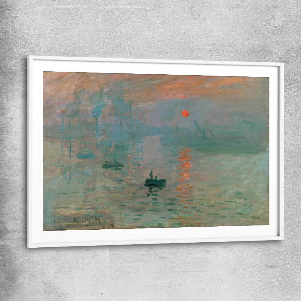 Classic wall art and canvas print of Sunrise Claude Monet with white glass front frame