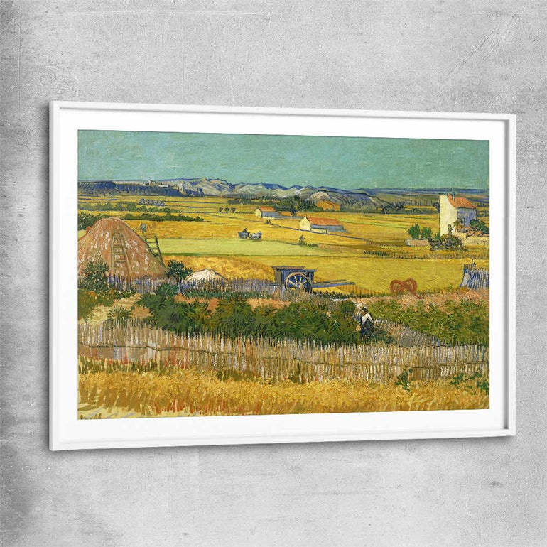 Classic wall art and canvas print of The Harvest Van Gogh with white glass front frame