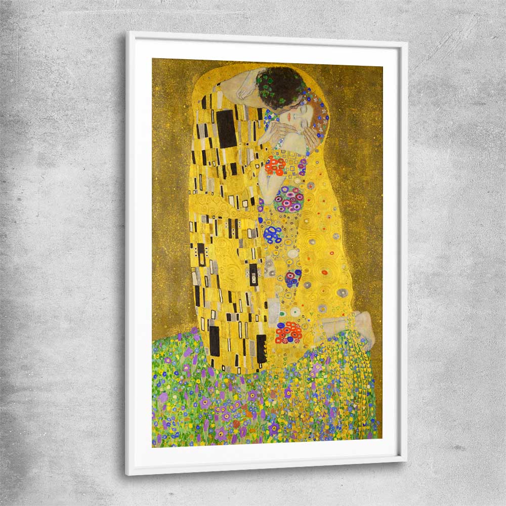 Classic wall art and canvas print of The Kiss Gustav Klimt with white glass front frame