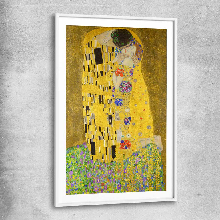 Classic wall art and canvas print of The Kiss Gustav Klimt with white glass front frame