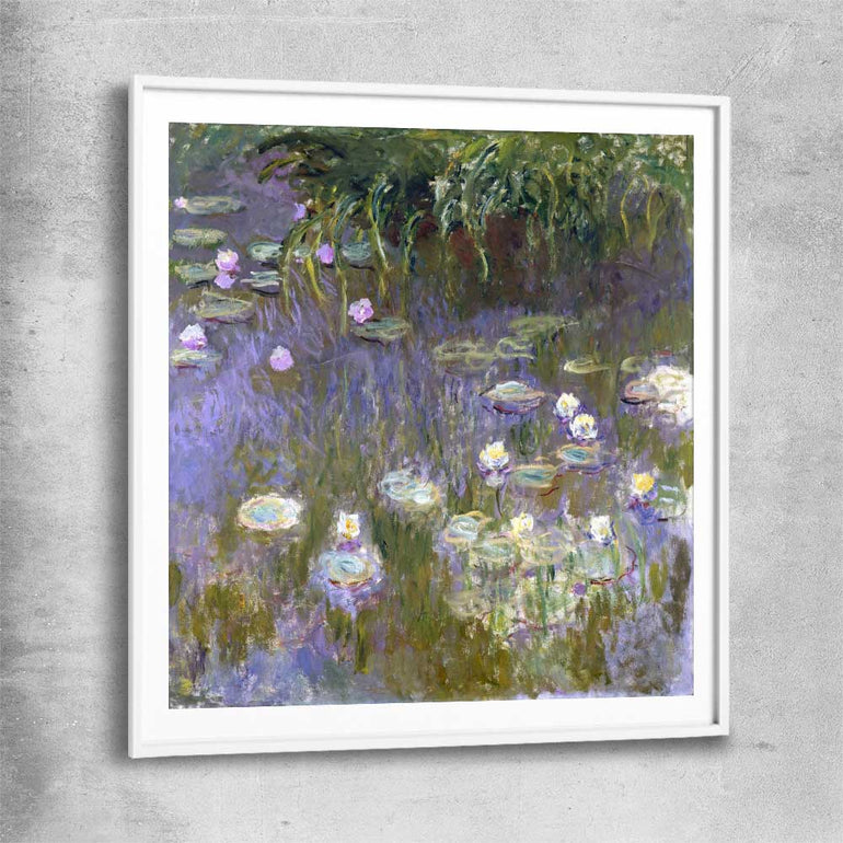 Classic wall art and canvas print of Water Lilies Claude Monet with white glass front frame