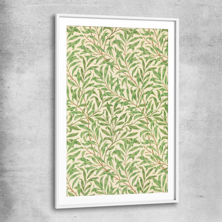 Classic wall art and canvas print of Willow Bough William Morris with white glass front frame