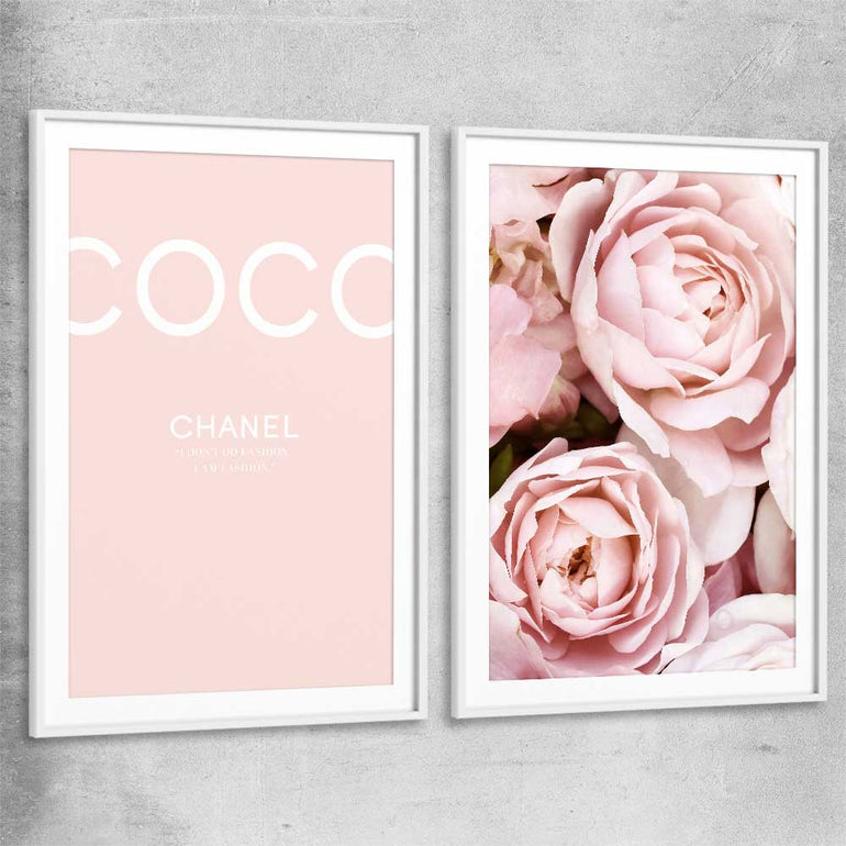 Coco Pink Pair white glass front frame - part of our high quality fashion canvas wall art and prints collection