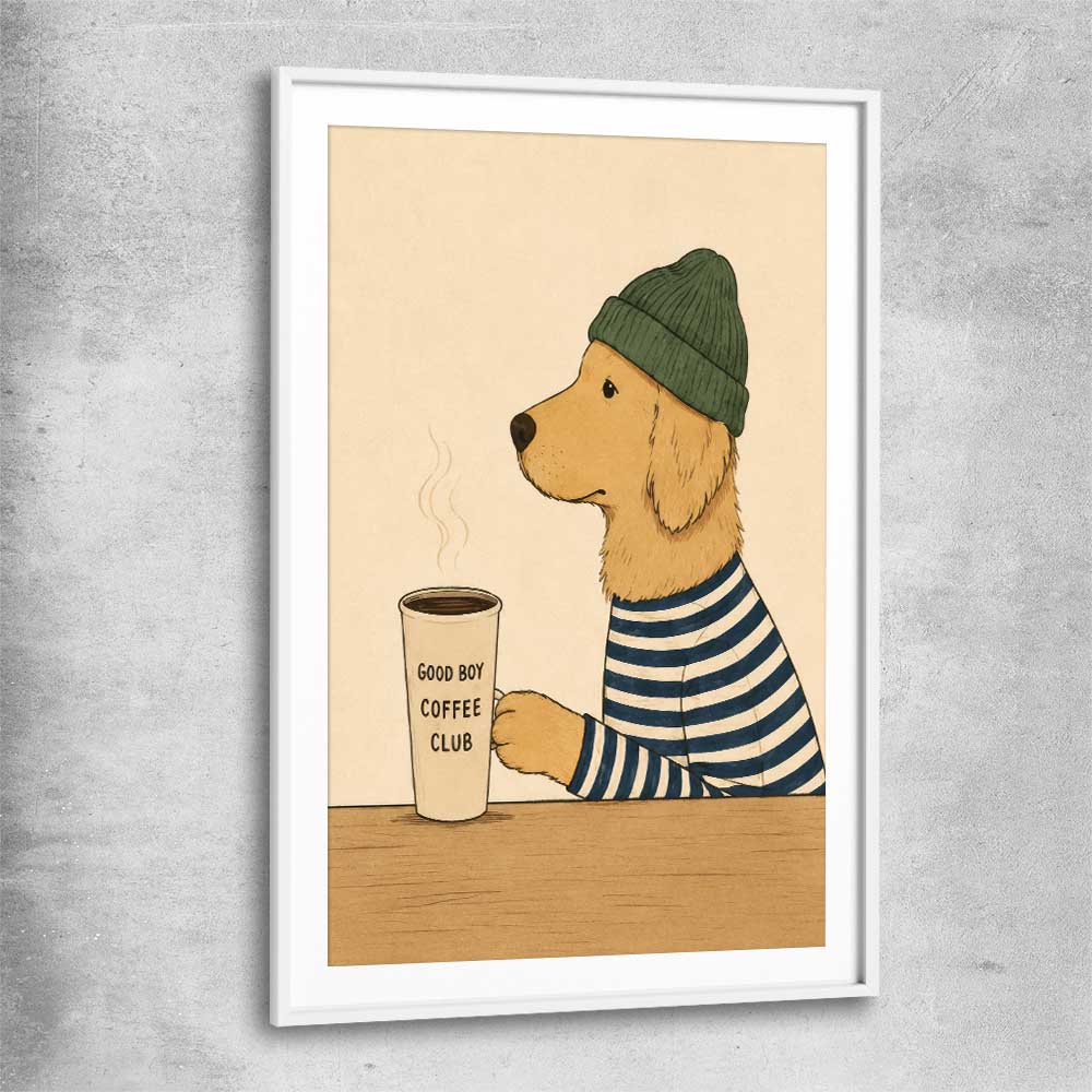 Inspirational wall art print of Good Boy Coffee with white glass front frame