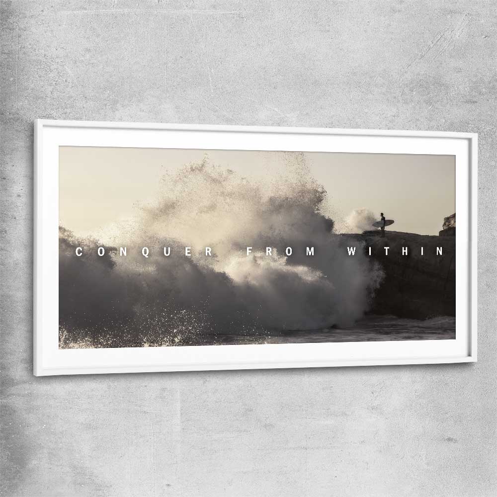 Inspirational wall art print of Conquer with white glass front frame
