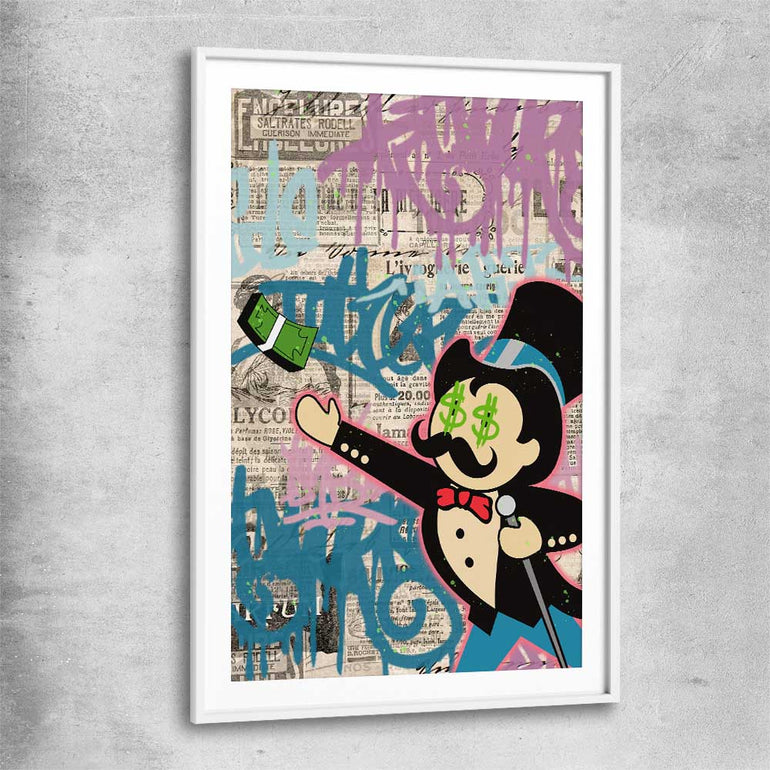 Moneybags Graffiti white glass front frame - part of our high quality fashion canvas wall art and prints collection