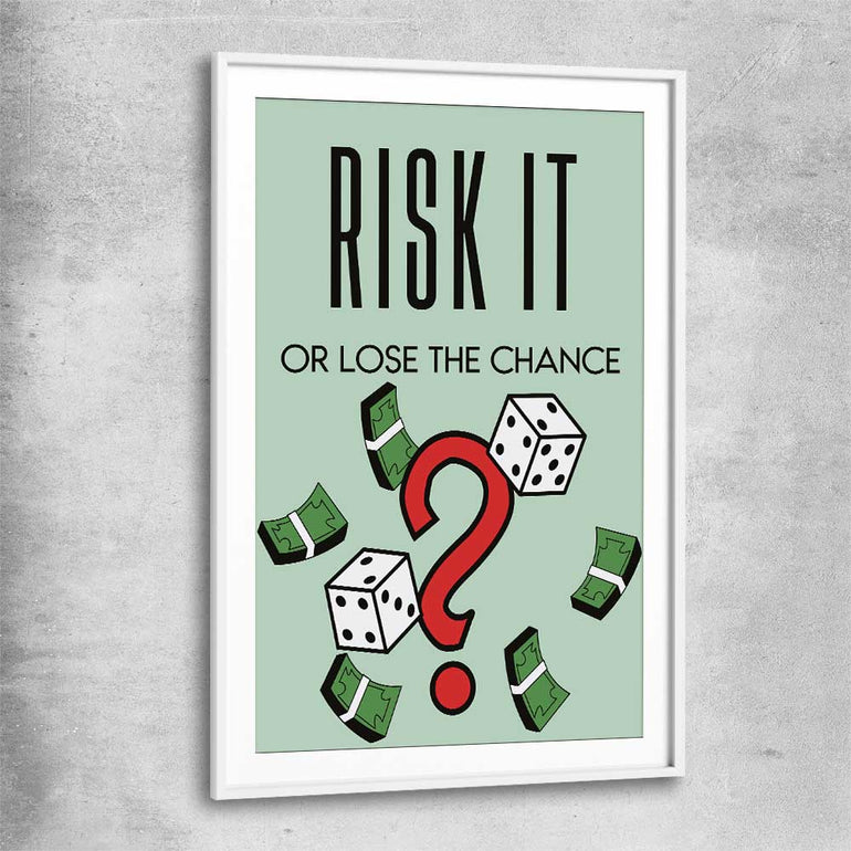 Inspirational wall art print of Roll the Dice with white glass front frame