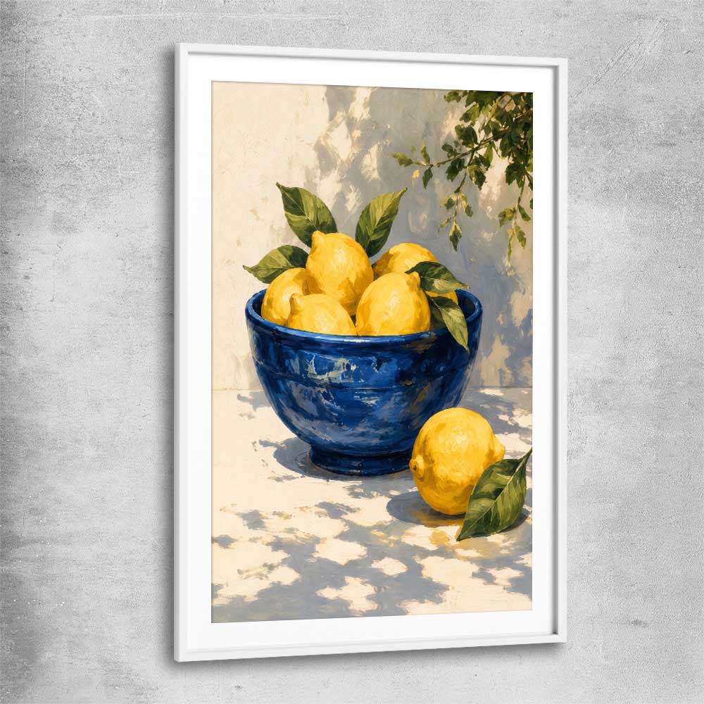 Amalfi Lemons white glass front frame is a colourful and stylish canvas wall art and print suited for the kitchen area
