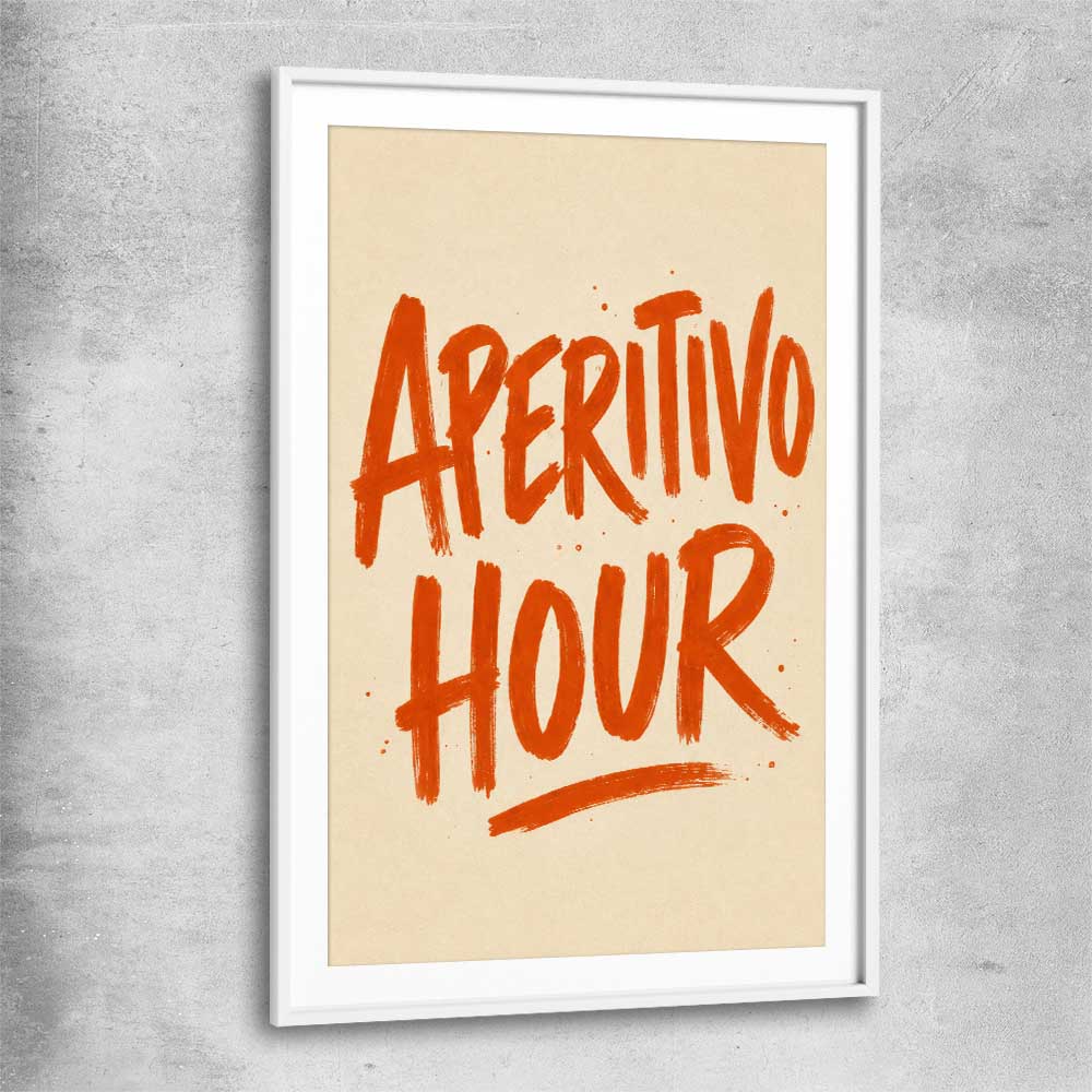 Aperitivo Hour white glass front frame is a colourful and stylish canvas wall art and print suited for the kitchen area