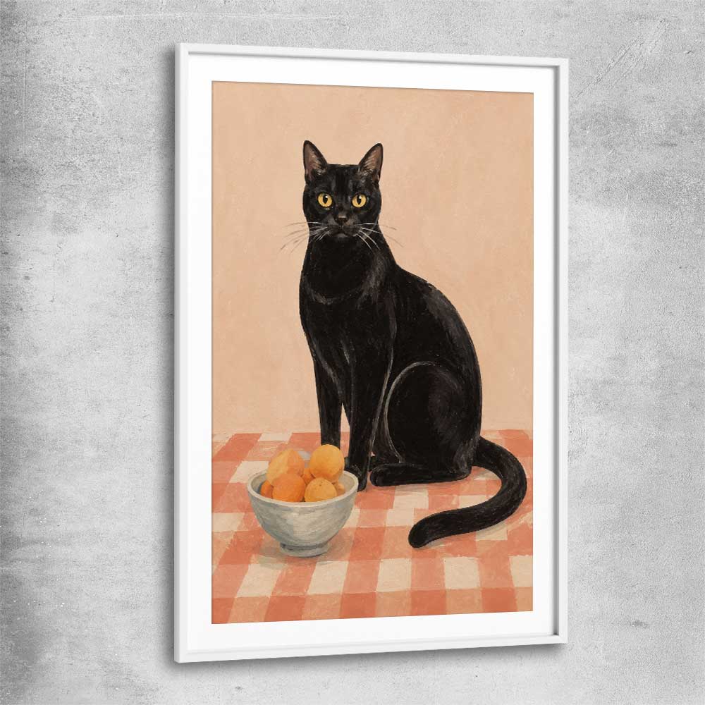 Black Cat and Peaches white glass front frame is a colourful and stylish canvas wall art and print suited for the kitchen area