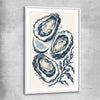Coastal Indigo Oysters white glass front frame is a colourful and stylish canvas wall art and print suited for the kitchen area