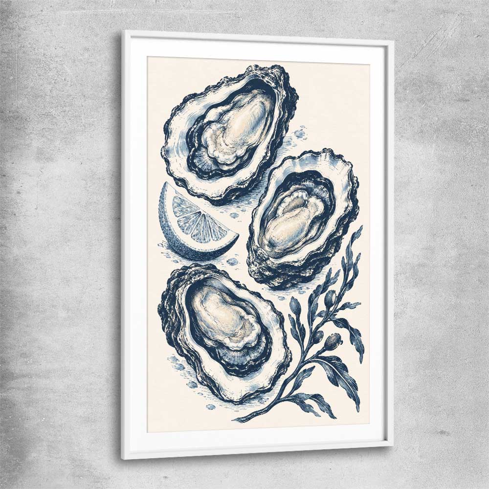 Coastal Indigo Oysters white glass front frame is a colourful and stylish canvas wall art and print suited for the kitchen area