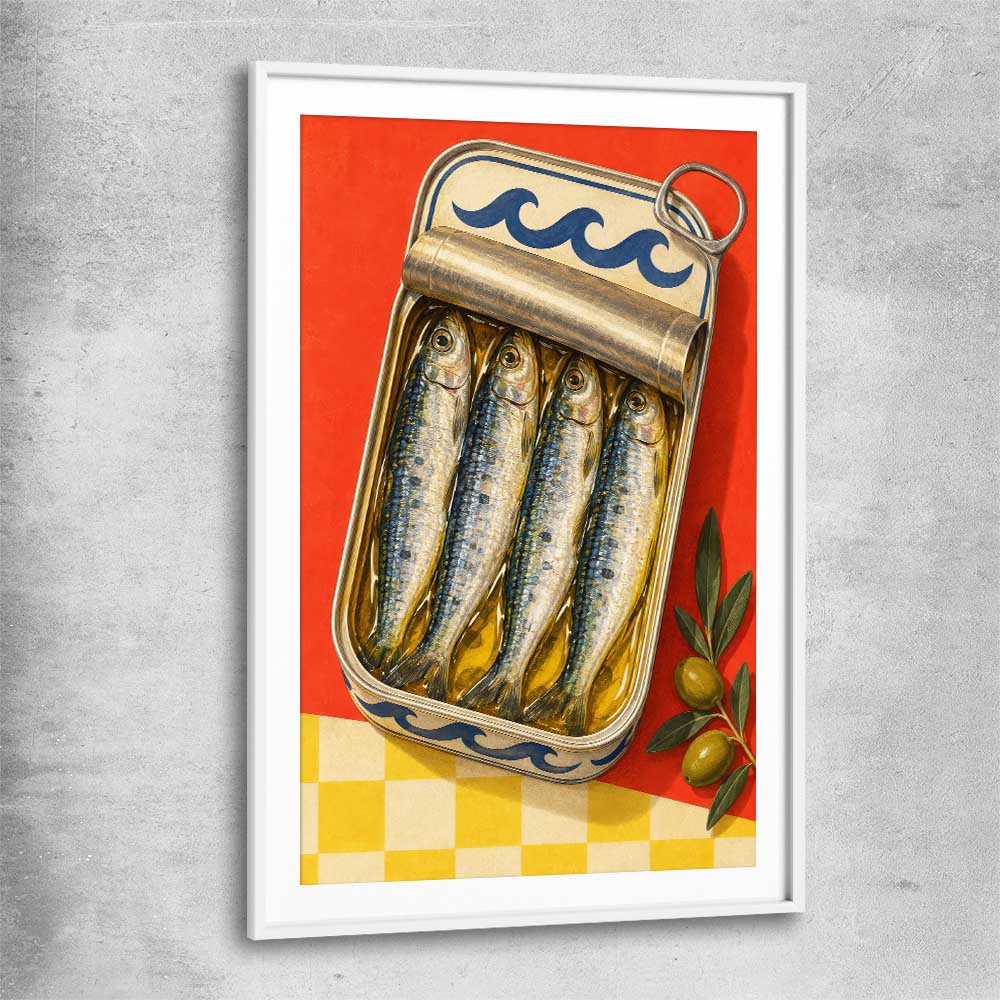 Golden Sardine Tin white glass front frame is a colourful and stylish canvas wall art and print suited for the kitchen area