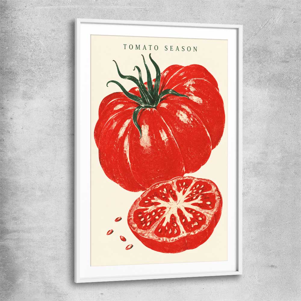 Heirloom Tomato Season white glass front frame is a colourful and stylish canvas wall art and print suited for the kitchen area