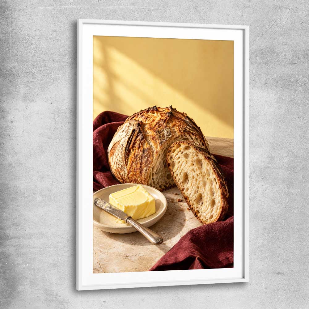 Morning Sourdough white glass front frame is a colourful and stylish canvas wall art and print suited for the kitchen area
