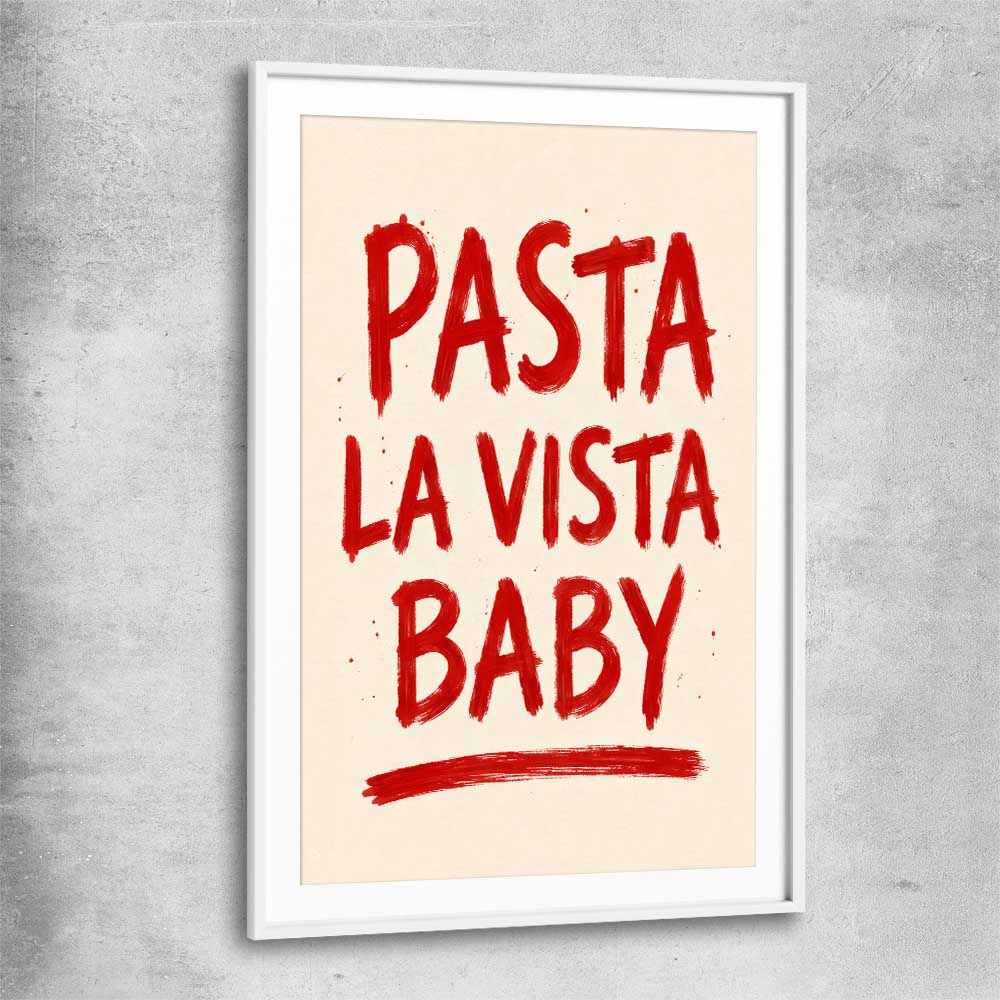 Pasta La Vista Baby white glass front frame is a colourful and stylish canvas wall art and print suited for the kitchen area