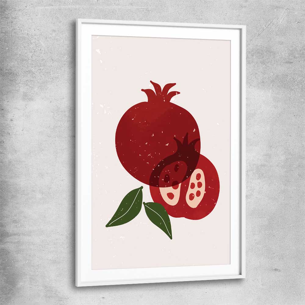 Red Pomegranate white glass front frame is a colourful and stylish canvas wall art and print suited for the kitchen area