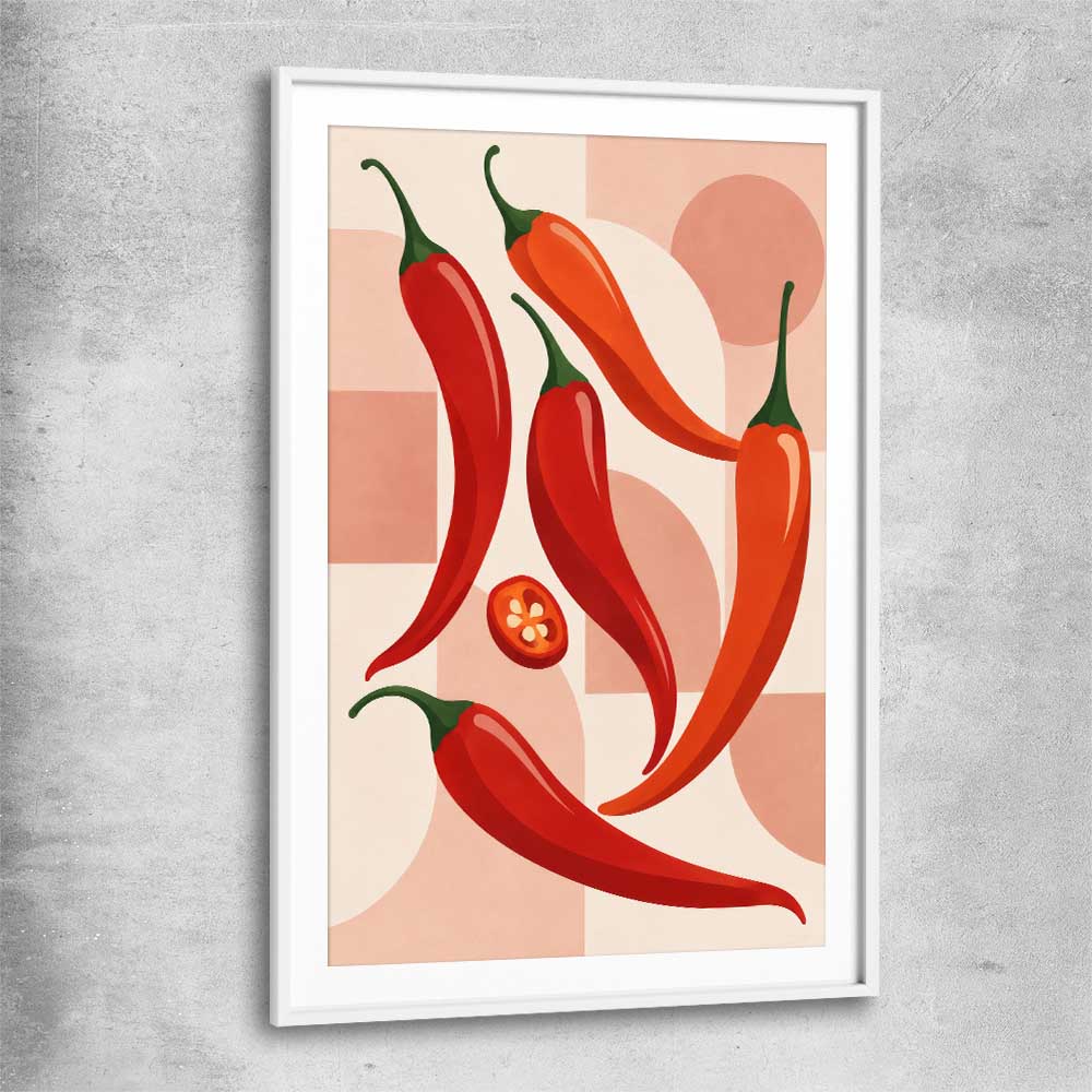 Scarlet Chilli Rhythm white glass front frame is a colourful and stylish canvas wall art and print suited for the kitchen area
